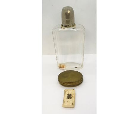A bone vesta case, brass snuff box and a cut glass flask