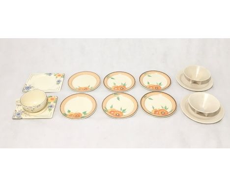  A collection of Clarice Cliff including six Wilkinson sandwich plates, Biarritz pattern, two conical bowls and plates for T.