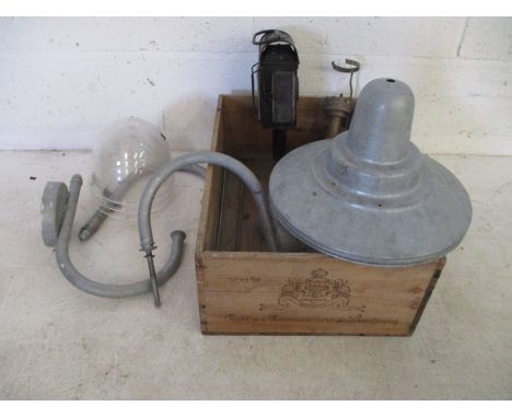 A set of three vintage style lanterns, hanging light etc.
