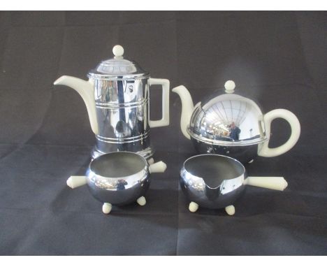 A Heatmaster style chrome and ceramic four piece tea/coffee set