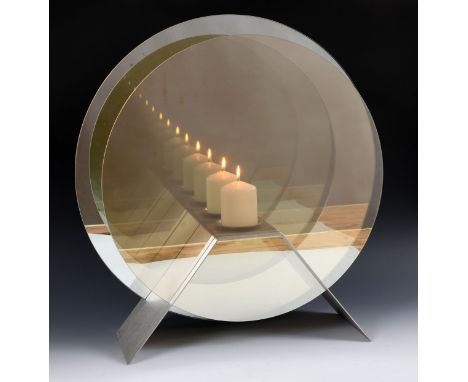A modern glass and mirror infinity candle stand, 53 cm wide and 60 cm wide at the rear 