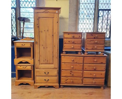 A pine chest, having six drawers, 110 cm wide, a pair of pine bedside chests, another pair of bedside chests, a pine bedroom 