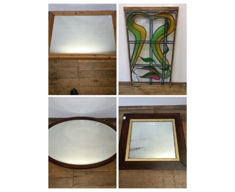 A stained glass panel, 85 x 46 cm, an oval mirror, and two other mirrors (4) 