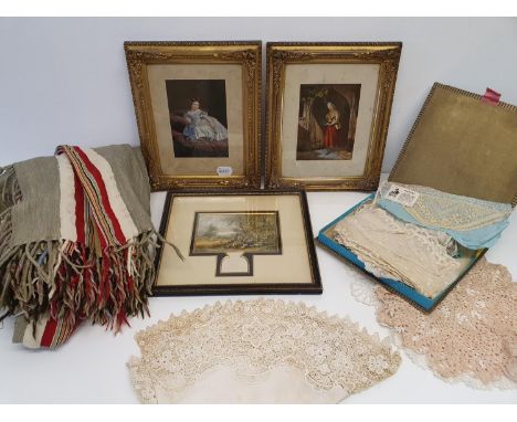 A Baxter print, The Cornfield, another pair of Baxter prints, assorted lace and other textiles (box) 