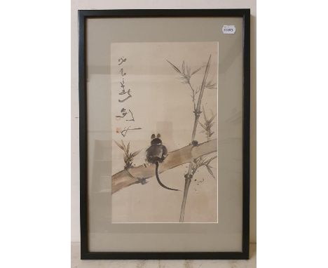 A Chinese print of a mouse, a print of a sampler, and two other prints, and other items, and a 19th century portrait of an of