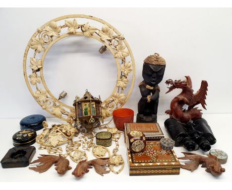 A painted ceiling light, an African style figure, and assorted other items (qty) 