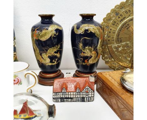 A small pair of Japanese cloisonné vases, decorated dragons, 8.5 cm high, a Goss Model of Shakespeare's House, and other asso