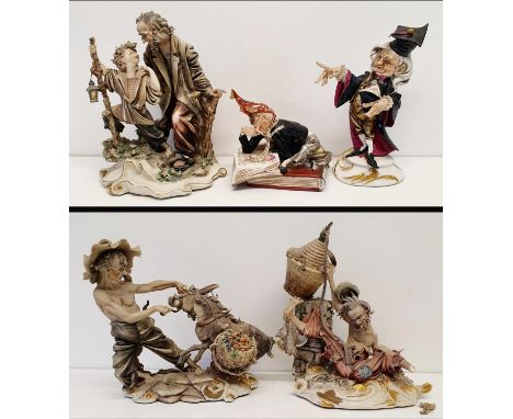 A Capo di Monte figure, of a teacher, 22 cm high, another similar figure, and three other larger figures, mostly with slight 