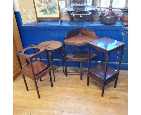 A 19th century mahogany bedroom mirror, 75 cm wide, three washstands and a two tier table (5) 