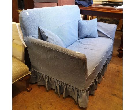 A blue two seater sofa, 135 cm wide, and a gilt oval mirror (2) 