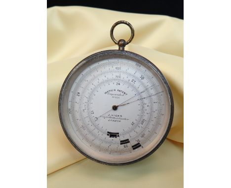 RARE LARGE 'WATKIN PATENT' LACQUERED BRASS ANEROID BAROMETER J. Hicks, 8,9 & 10 Hatton Garden, London, No. 626, silvered dial