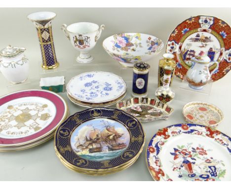 ASSORTED MODERN ENGLISH BONE CHINA, including Caverswell Imari pattern vases and Spode maritime printed cabinet plates, Aynsl