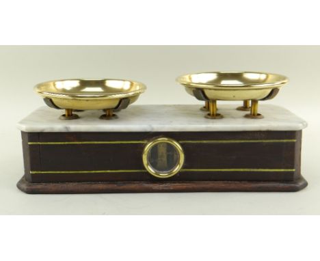 VINTAGE FRENCH SHOP SCALES, with brass dishes, marble top and brass framed viewing window, 36cmS wide