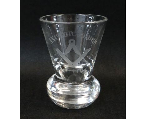 BBC BARGAIN HUNT LOT:&nbsp;VICTORIAN MASONIC FIRING GLASS, the funnel bowl wheel-engraved with square and compass motif and '