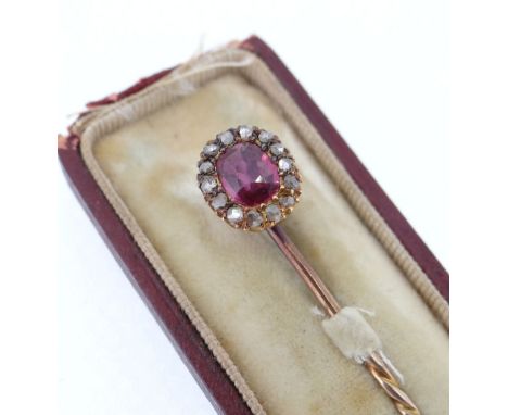 RUBY & DIAMOND STICK PIN in yellow metal setting, in Lewis & Co of Oxford Street London box, 2,1gms Condition Report: some of