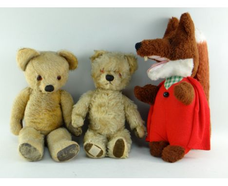 TWO PREWAR CHAD VALLEY TEDDY BEARS & VINTAGE BASIL BRUSH TOY, the teddies in golden plush with stitched noses, velvet or rexi