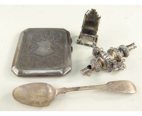 ASSORTED SILVER comprising scroll engraved cigarette case, miniature silver Gothic throne, London 1901, silver baby rattle / 