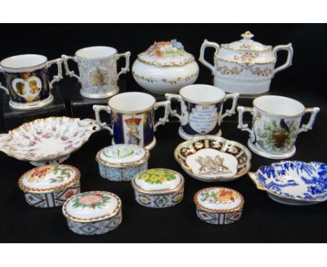 ASSORTED MODERN ROYAL CROWN DERBY CHINA, including five loving cups, five oval trinket boxes, sucrier, floral encrusted box a