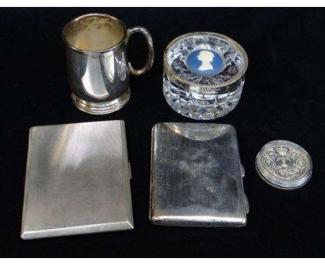 ASSORTED SILVER COLLECTIBLES, including two cigarette case, Christening mug, Wedgwood Elizabeth II silver jubilee cut glass a