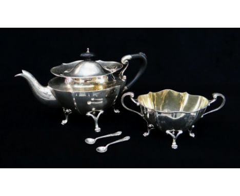 EDWARD VII SILVER TEAPOT &amp; MATCHING SUGAR BASIN, of oval shape, each raised on four paw type feet, engraved with initials