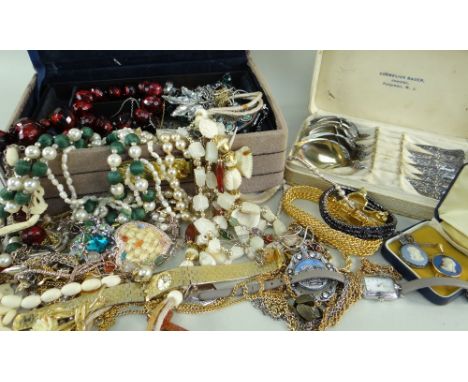 ASSORTED VINTAGE &amp; MODERN COSTUME JEWELLERY and a set of six American late 19th Century grapefruit spoons marked Sterling