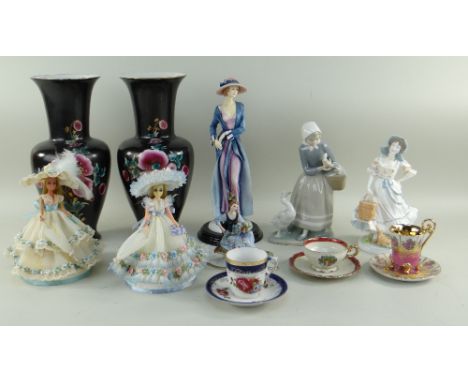 ASSORTED DECORATIVE CHINA, including Royal Worcester Milkmaid, Lladro goose girl, pair vases, three cabinet cups etc. (11)