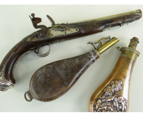 18TH CENTURY SILVER MOUNTED BRASS BARRELLED FLINTLOCK PISTOL, retailed by R. Clarke, with two stage barrel engraved '102 Chea