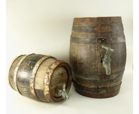 BBC BARGAIN HUNT LOT:&nbsp;TWO VINTAGE COOPERED BARRELS, 35cms and 50cms (2) Condition: one with associated water tap, both w