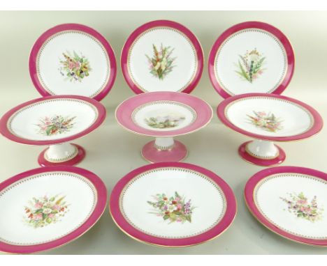 ROYAL WORCESTER BONE CHINA PART DESSERT SERVICE, four tazze and four dishes all painted with windflowers within puce and gilt
