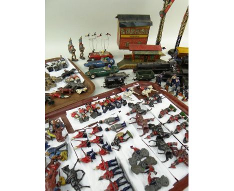 MIXED COLLECTION OF VINTAGE TOYS including Hornby, Scalextric, Britain's, Elastolin, Brimtoy ETC, comprising locomotives, tra