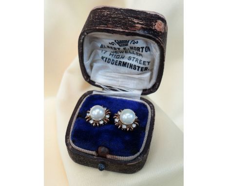 9CT GOLD PEARL &amp; DIAMOND EARRINGS, of flower head design, 3.5gms, in Albert Horton of Kidderminster square jewellery box 