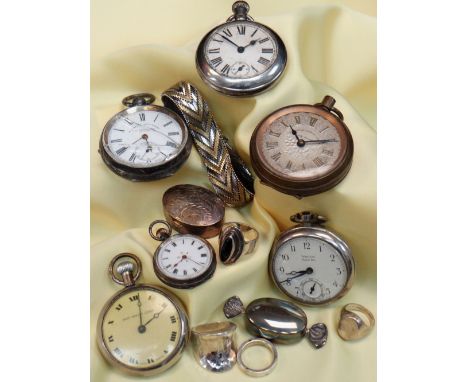 ASSORTED SILVER WATCHES &amp; JEWELLERY comprising six pocket watches (2 silver), two silver oval patch / pill boxes, three s