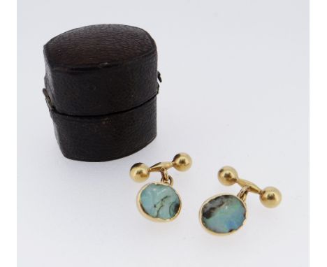 PAIR OF YELLOW METAL SET OVAL OPAL CUFFLINKS, 6.6gms together with vintage ring box