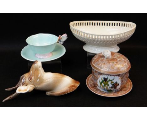 ASSORTED CERAMICS comprising Paragon Fine China butterfly handled cup and saucer, Poole pottery wall pocket in the form of st