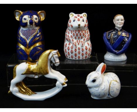 FIVE MODERN ENGLISH BONE CHINA ORNAMENTS, including three Royal Crown Derby animal paper weights, Royal Worcester Duke of Edi