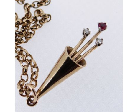 9CT GOLD RUBY &amp; DIAMOND 'FIREWORK' PENDANT, on 9ct gold chain (47cms long), 7.4gms overall Condition Report: appears in g