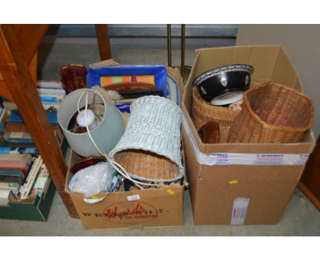 Two boxes of various wickerware; oak cased barometer; Royal Worcester bowl etc
