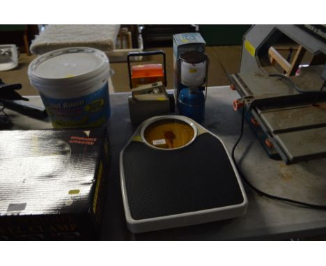 A set of Salter scales; camping gas lamp and torches