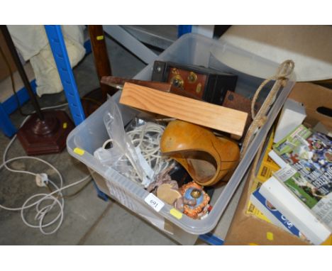 A box of various sundry items to include a camera etc