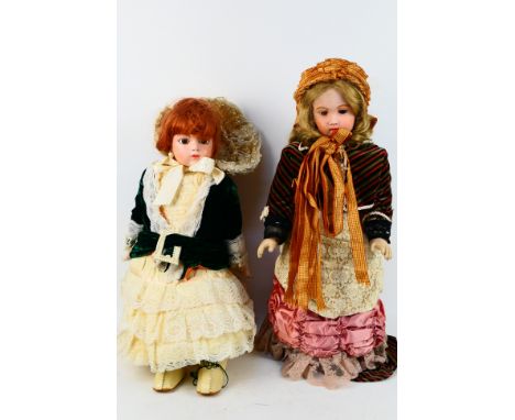 Bru - 2 x large dolls on stands with porcelain heads, one is 25 inches tall and marked Bru J 92 M Houlding 13 on the back of 