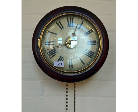 A 19th Century Post Master's alarm wall clock with enamelled 9" dial with Roman numerals and chiming on a bell, twin weights 