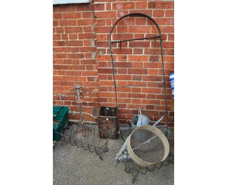 A group of garden bygones to include a watering can, planters etc and two boxes of tools