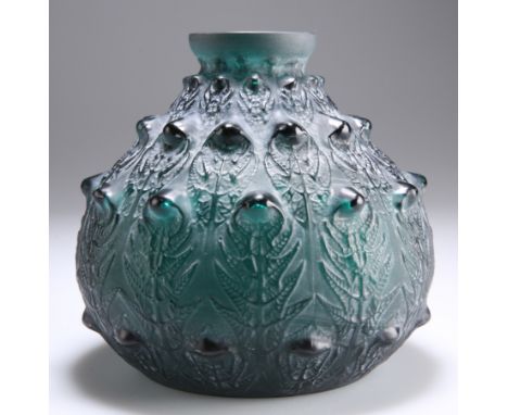 RENÉ LALIQUE (FRENCH, 1860-1945)"FOUGERES", A GREEN AND FROSTED GLASS VASE, DESIGNED 1913, etched R. Lalique signature. 14cm 