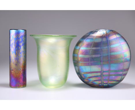 JOHN DITCHFIELDTHREE 'GLASFORM' VASES, the first tubular with iridescent ground, 17cm; the second of flask form with similar 