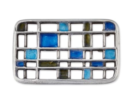 UNI DAVID-ANDERSEN, A NORWEGIAN SILVER ENAMEL BROOCH/PENDANT, a pierced rectangular frame filled with blue and green enamel, 