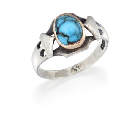 MURRLE BENNETT &amp; CO - AN ART NOUVEAU SILVER TURQUOISE RING, a turquoise matrix in a gold bezel setting, to pierced leaf-m