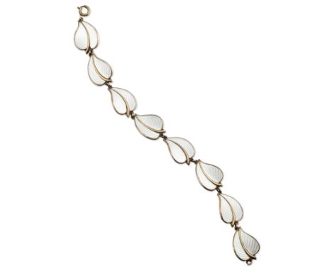 HANS MYHRE - A NORWEGIAN SILVER-GILT AND WHITE ENAMEL LEAF BRACELET, designed as leaf-motif links, maker's mark for Hans Myhr