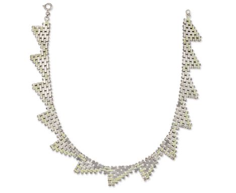JAKOB BENGEL - AN ART DECO CHROME AND ENAMEL NECKLACE, c.1930s,&nbsp;chrome brick links picked out in green enamel, marked 'D