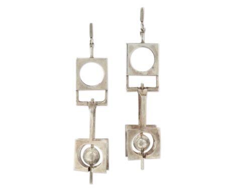A PAIR OF MID 20TH CENTURY SCANDINAVIAN SILVER PENDANT EARRINGS, articulated openwork frames with a central pendant drop, mar