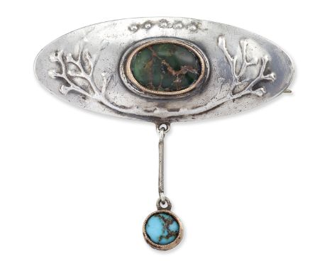 ATTRIBUTED TO MURRLE BENNETT &amp; CO - A JUGENDSTIL SILVER TURQUOISE BROOCH, a turquoise matrix within an oval frame with br